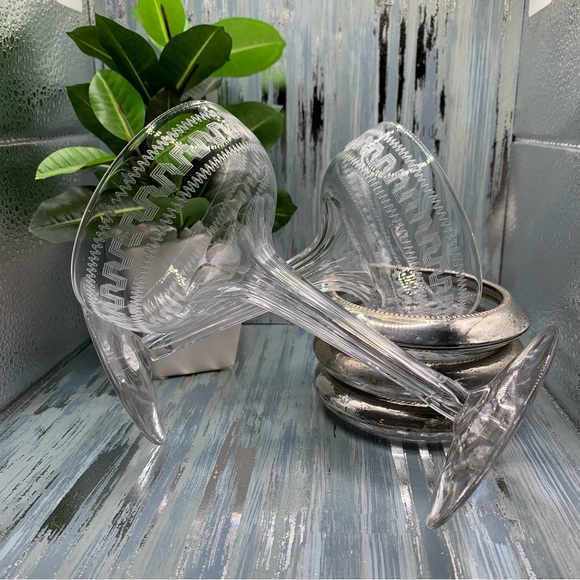 Other - Vintage set of 5 gray cut design and multi sided hollow stem  champagne glasses.